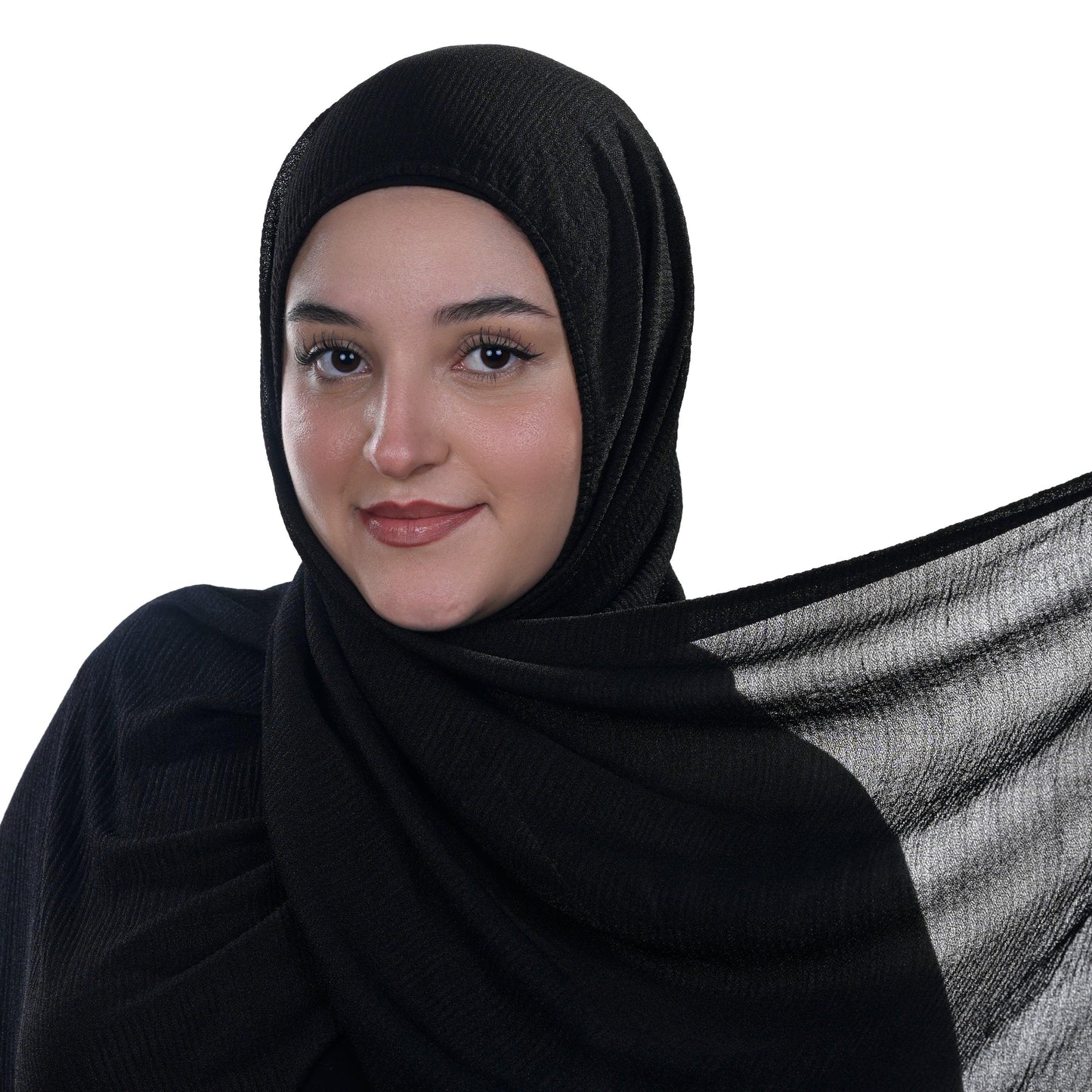 Hijabistic Model showcasing Black (Jet) Tallin Kashmir hijab Front View, Shop hijabs online