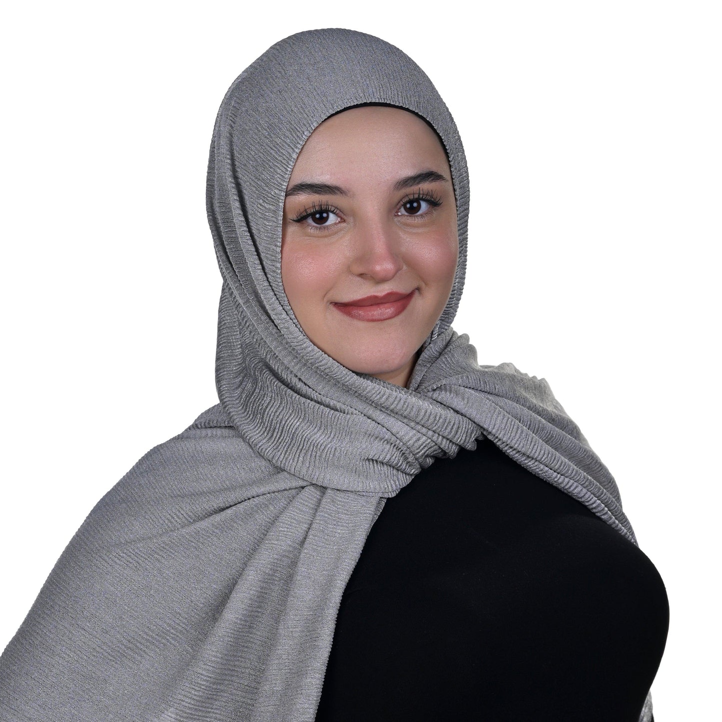 Hijabistic Model showcasing Grey (Charcoal) Tallin Kashmir hijab Side View, Shop hijabs online