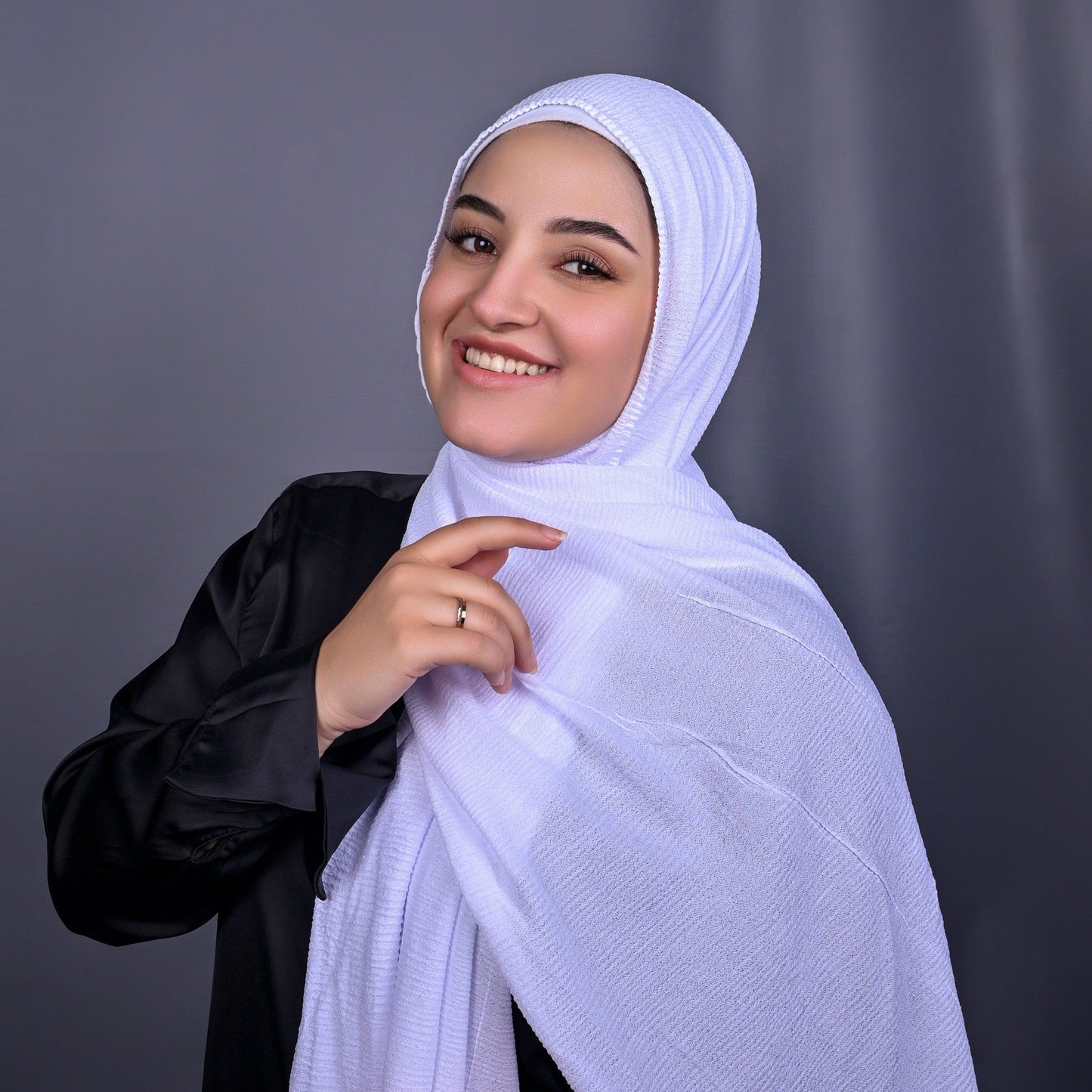 Hijabistic Model showcasing White (Pearl) Tallin Kashmir hijab FrontView, Shop hijabs online