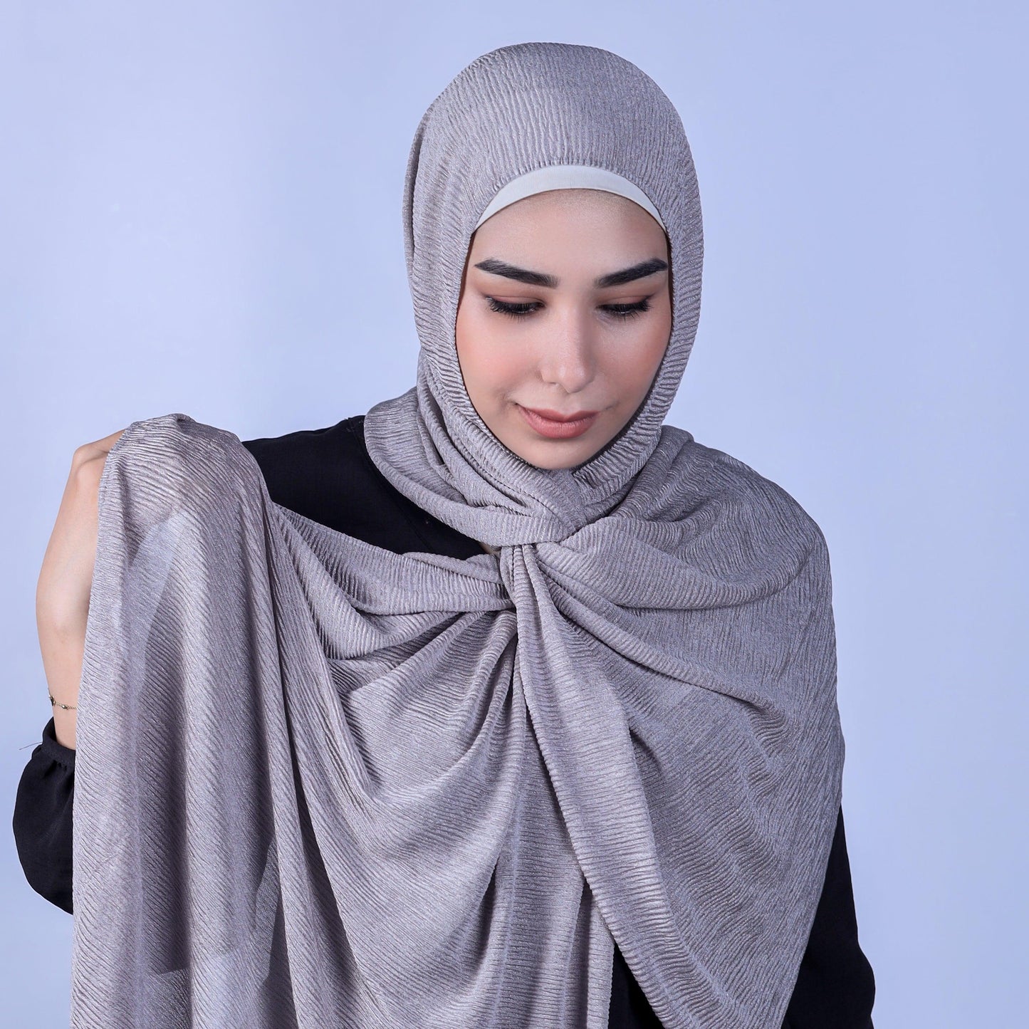 Hijabistic Model showcasing Grey (Charcoal) Tallin Kashmir hijab Front View, Shop hijabs online