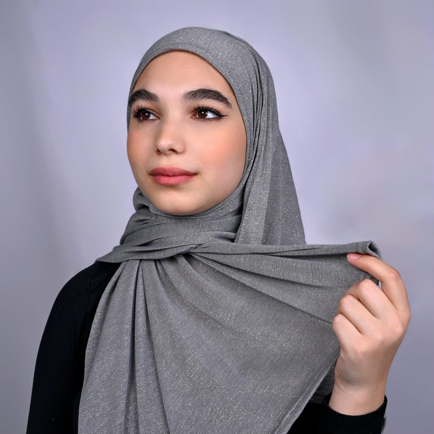 Front view of Hijabistic’s Klara Shawl in Stack Grey - versatile grey Cotton Lycra Lamé hijab with a soft matte finish.