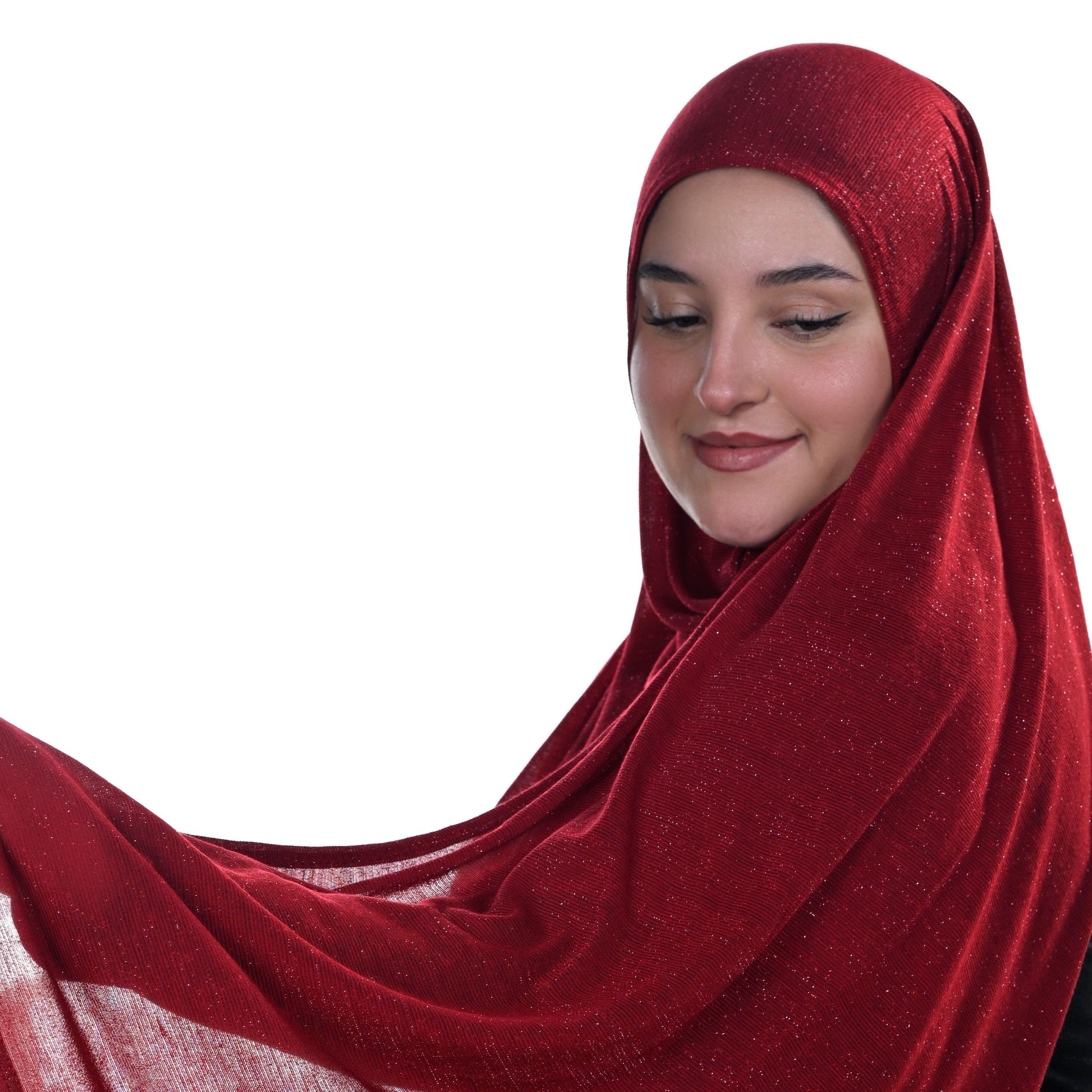 Front view of Hijabistic’s Klara Shawl in Cedar Red - bold red Cotton Lycra Lamé hijab for statement style.