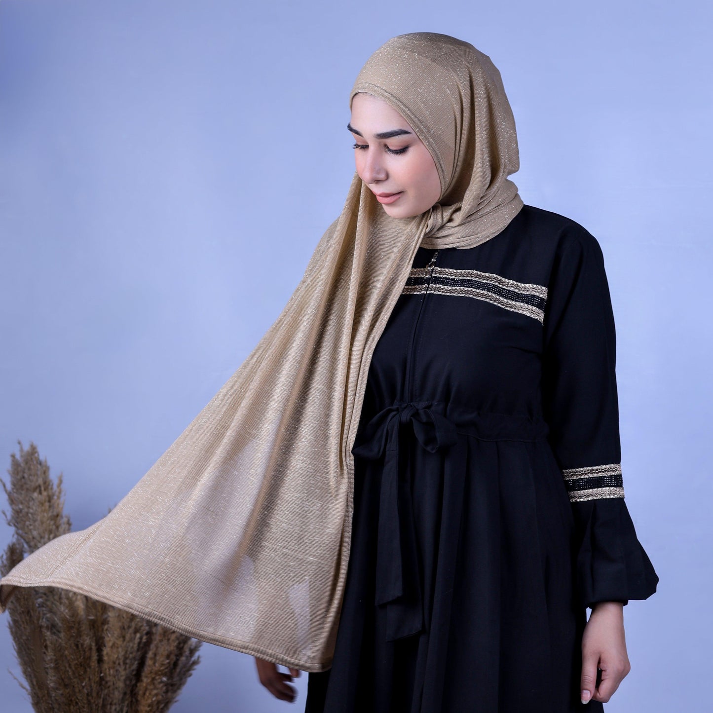 Front view of Hijabistic’s Klara Shawl in Sand Dune Brown - soft Cotton Lycra Lamé hijab with warm, desert-inspired tones.