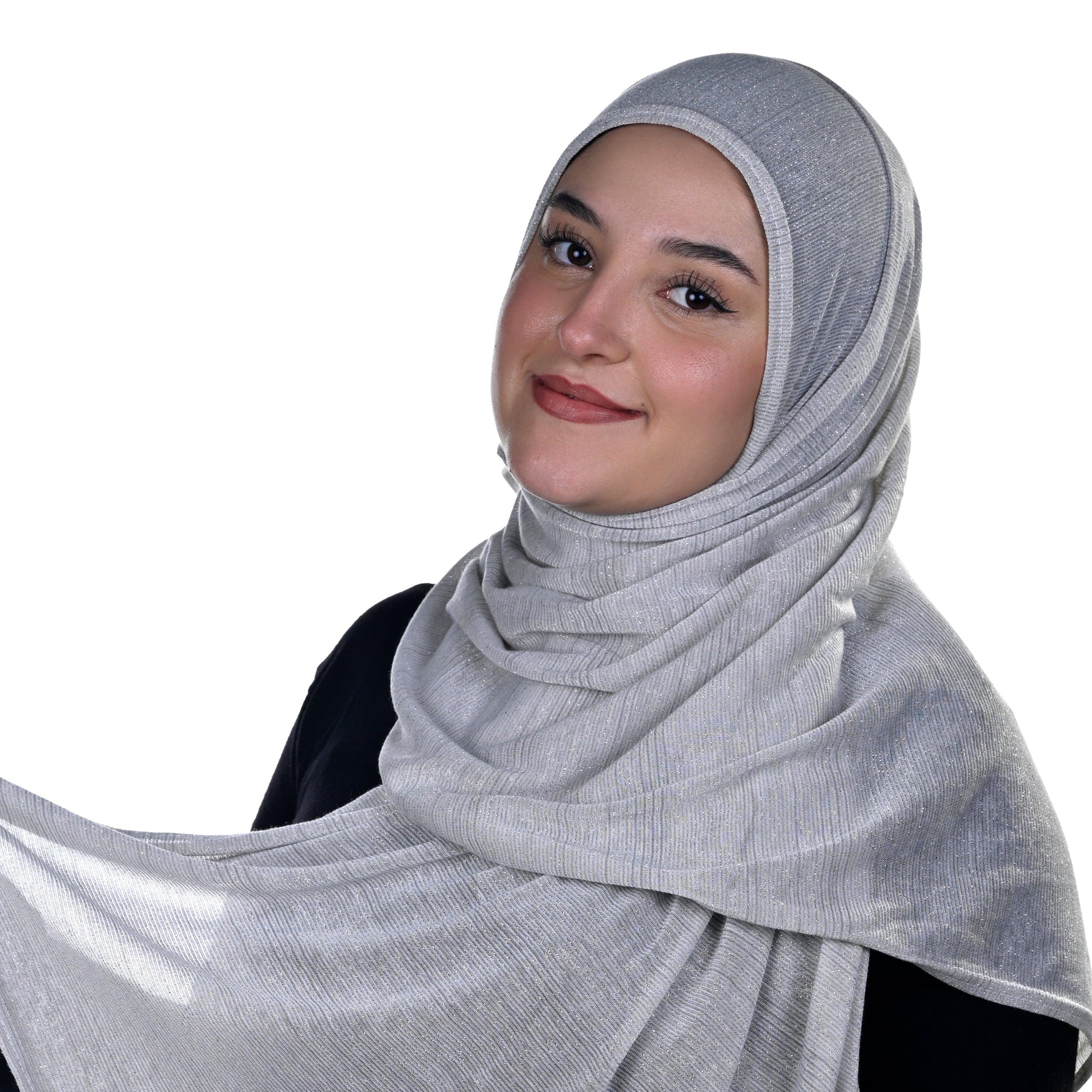 Side view of Hijabistic’s Klara Shawl in Shuttle Gray - soft, lightweight fabric for everyday wear.