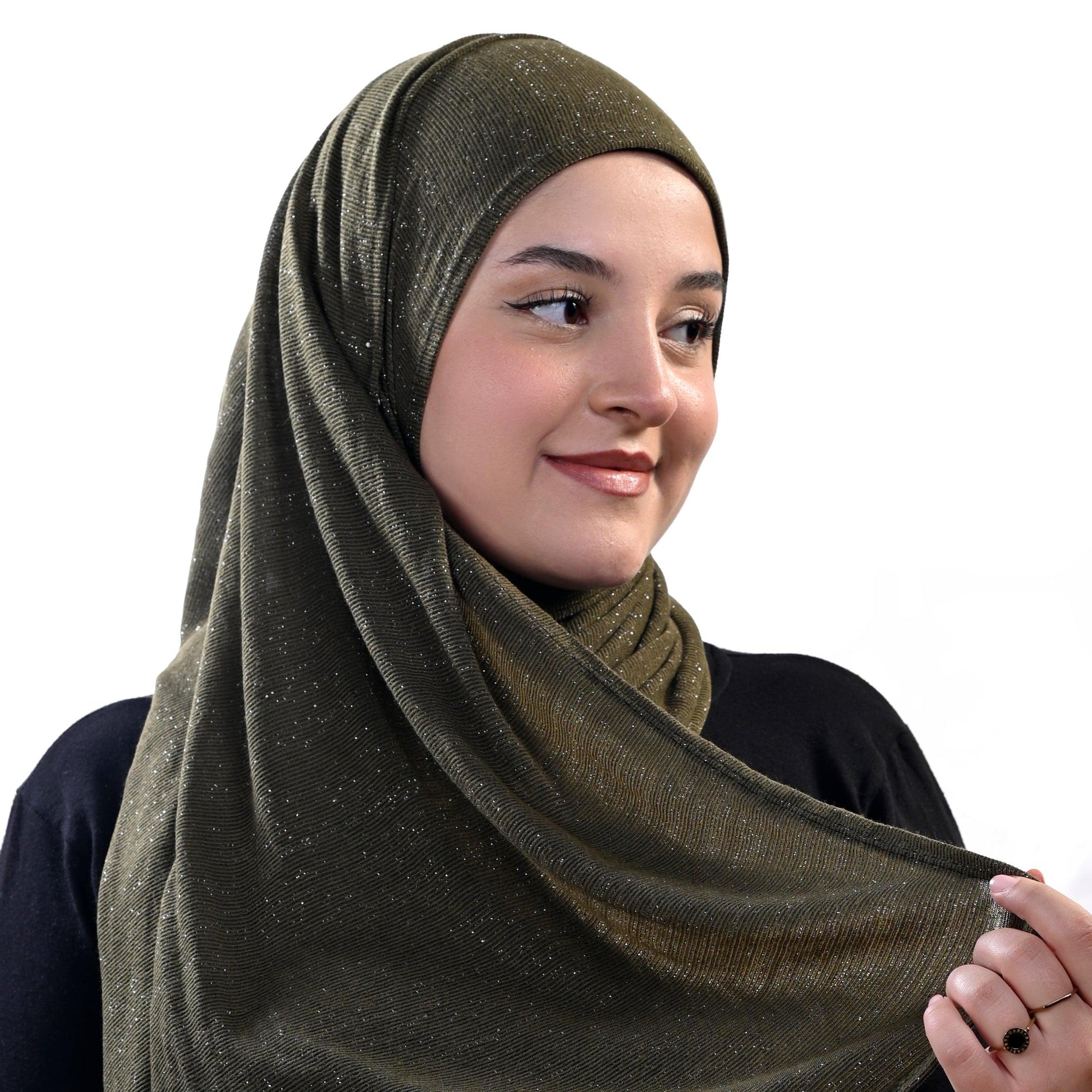 Front view of Hijabistic’s Klara Shawl in Rangitoto Green - earthy green Cotton Lycra Lamé hijab.