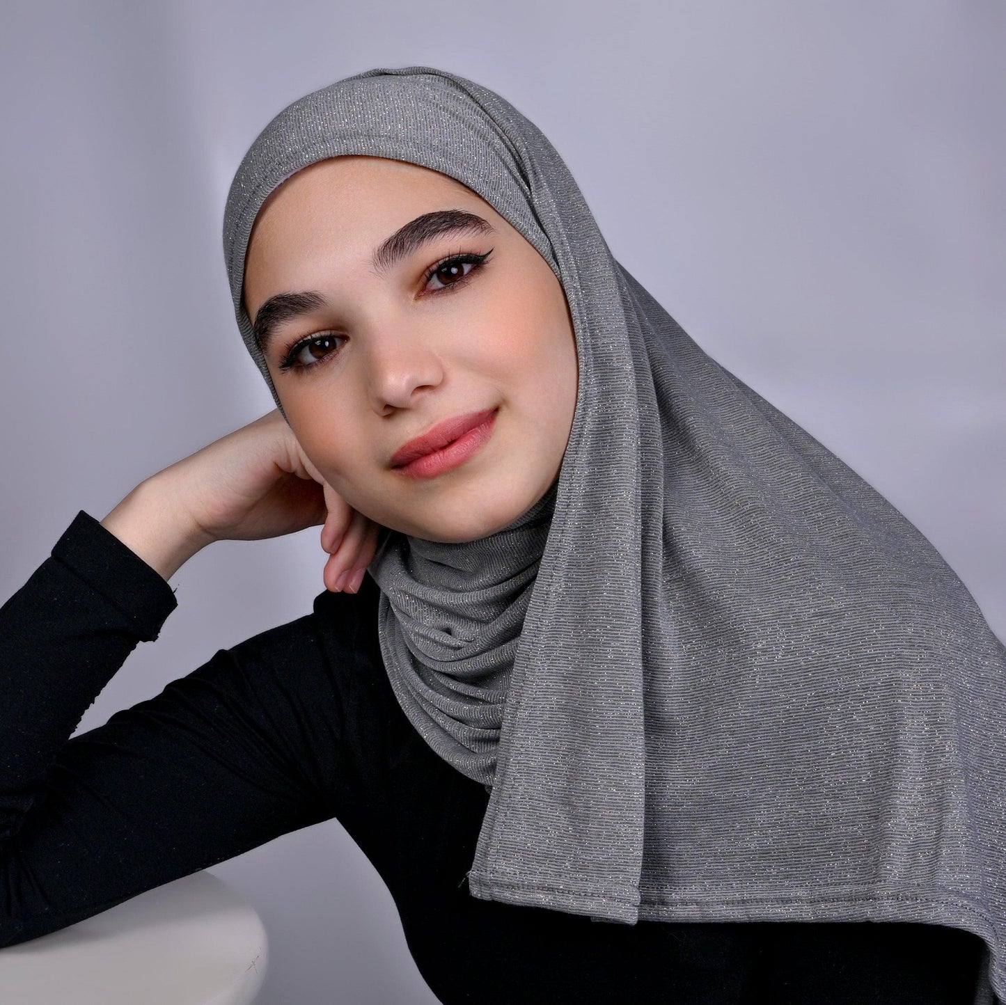 Side view of Hijabistic’s Klara Shawl in Stack Grey - elegant drape, suitable for daily wear.