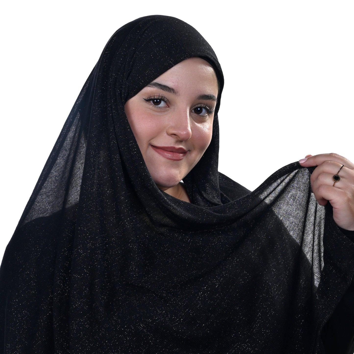 Side view of Hijabistic’s Klara Shawl in Woodsmoke Black - smooth and elegant fabric for versatile wear.