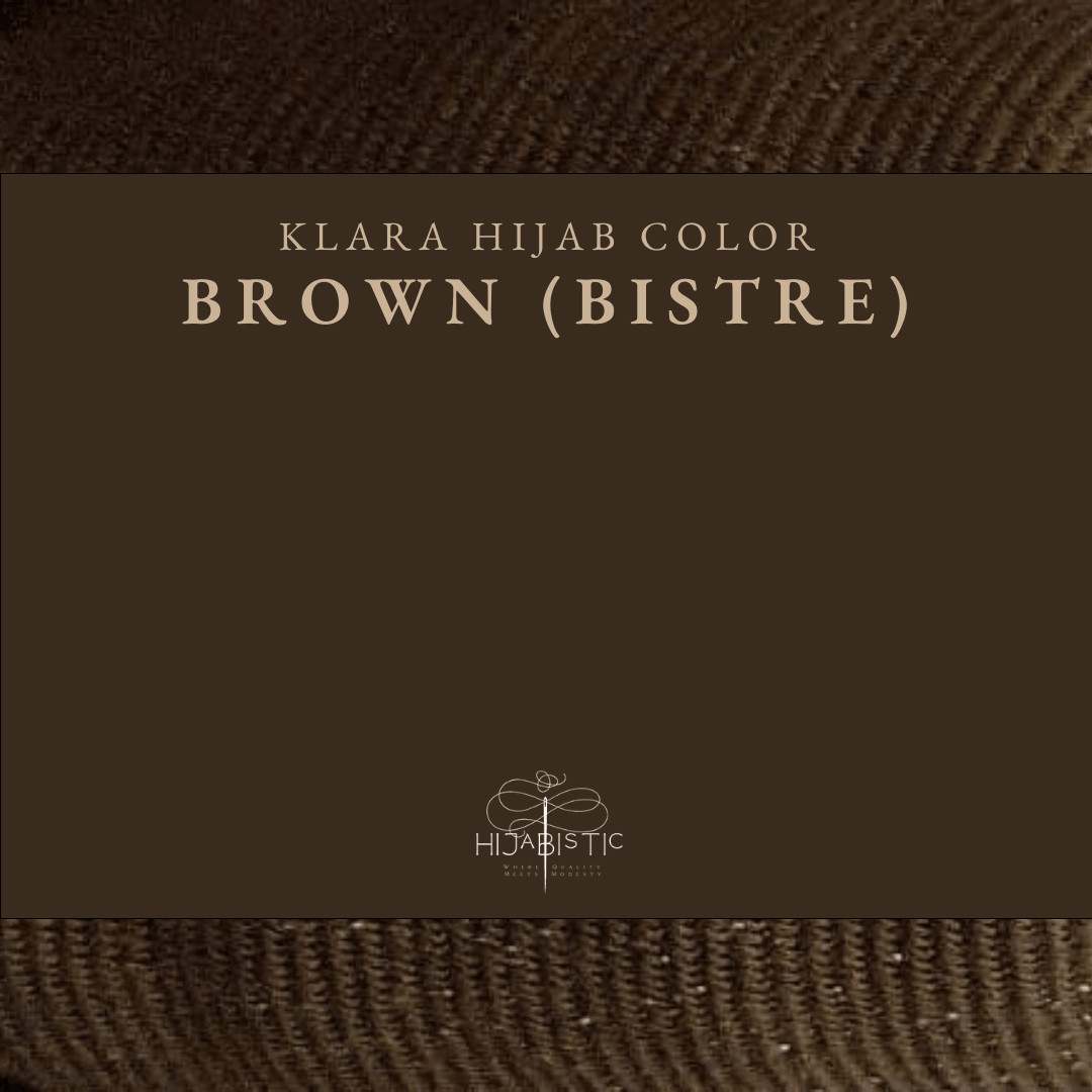 Hijabistic’s Klara Shawl in Bistre Brown with real color illustration and hex code #3D2D20 as background.