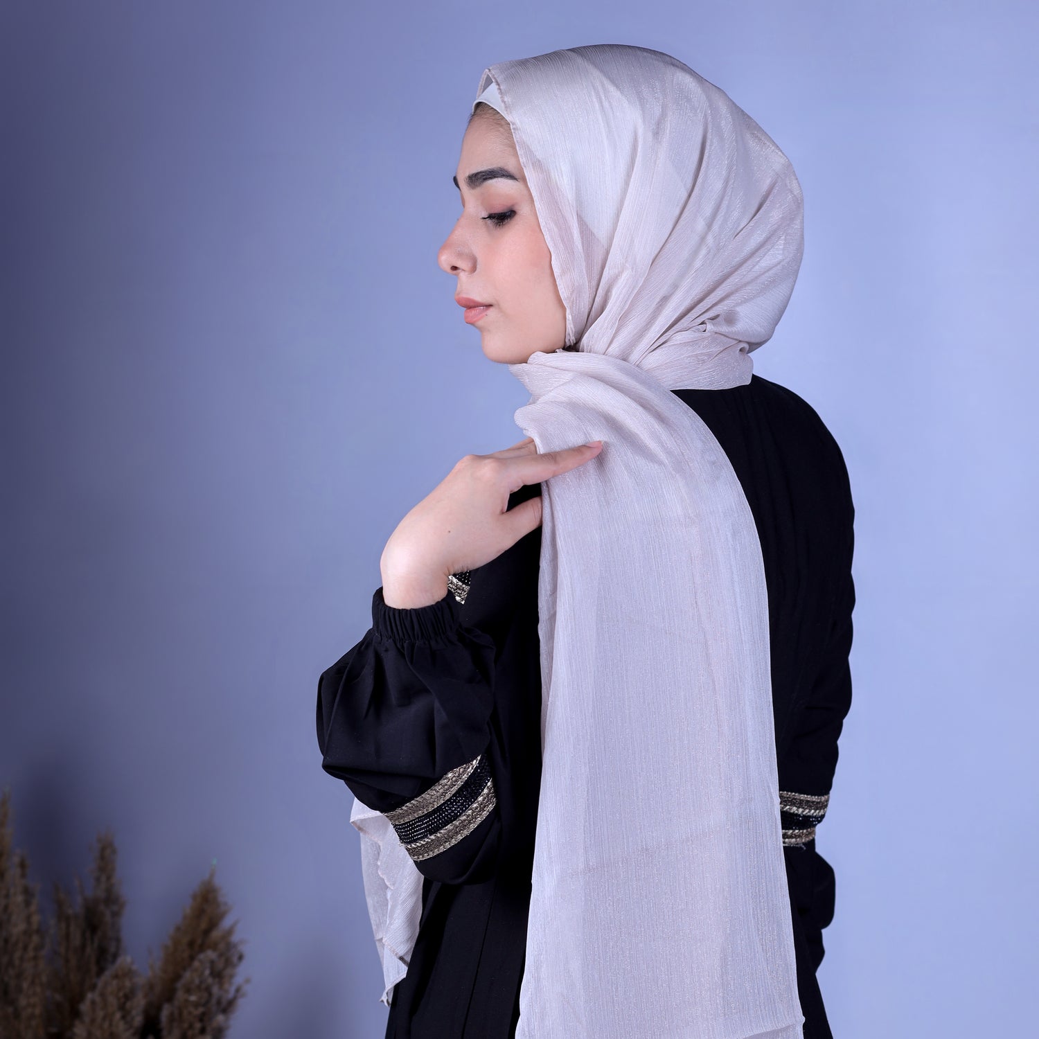 Hijabistic model showcasing grey hijab